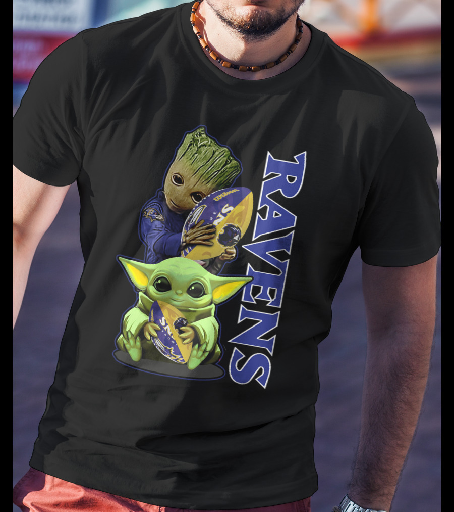 Grzd Baltimore Ravens Baby Yoda And Groot Ravens Football T-Shirt