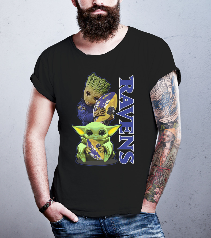 Grzd Baltimore Ravens Baby Yoda And Groot Ravens Football T-Shirt
