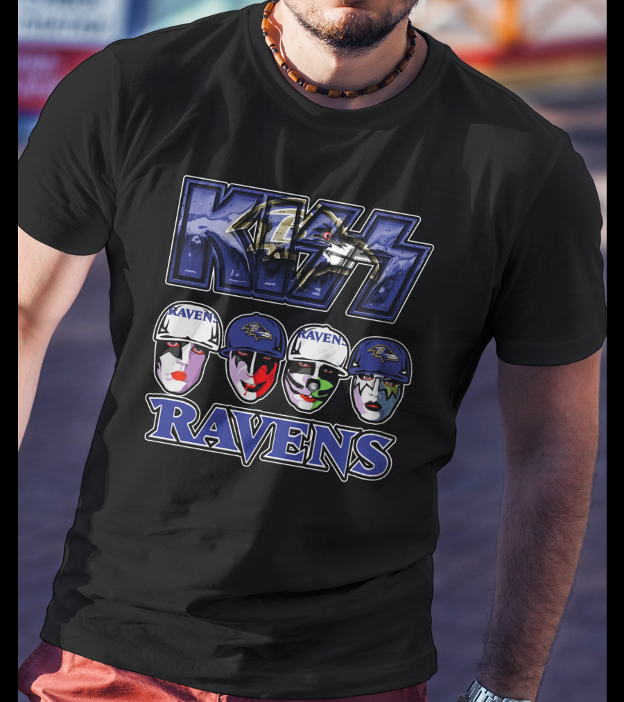 Kiss Baltimore Ravens Faces With Logo And Raven Helmets T-Shirt