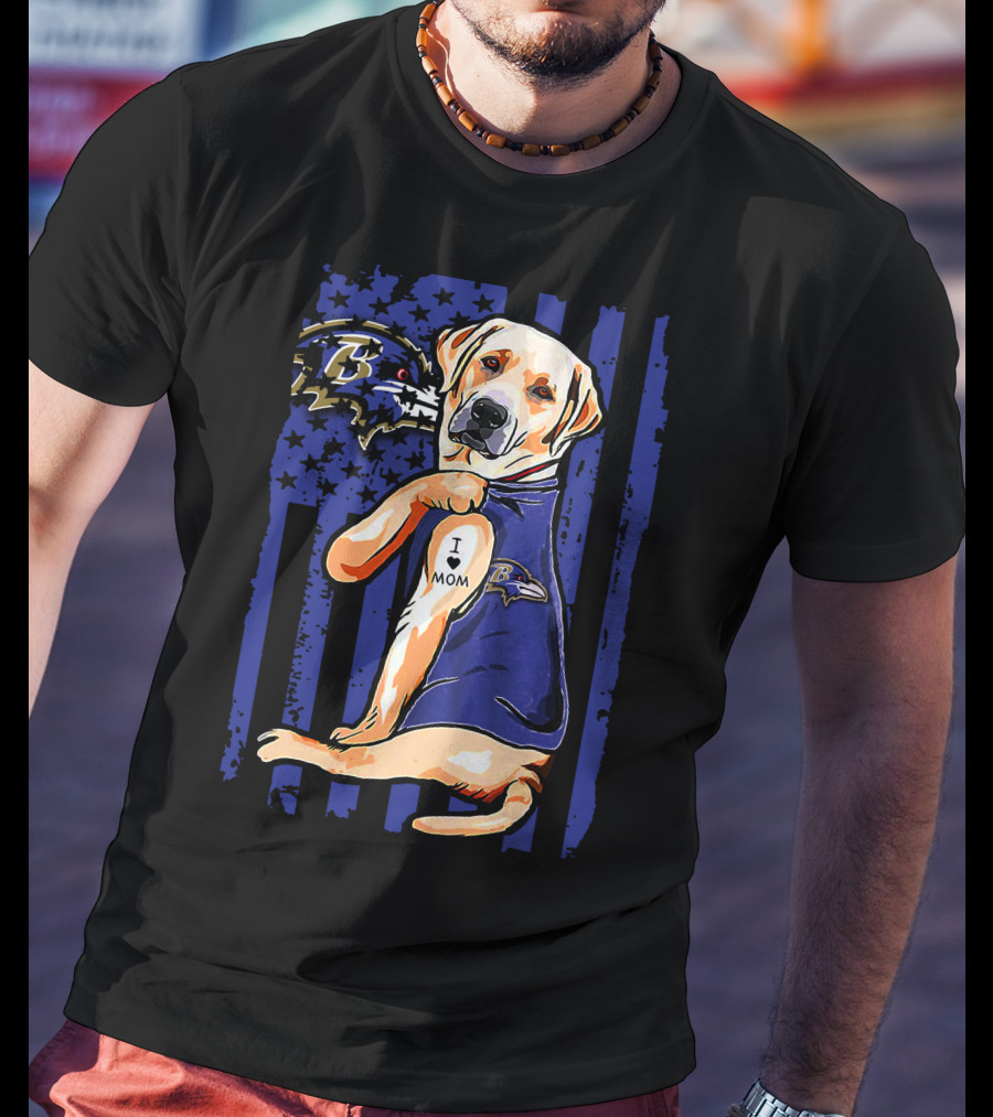 Labrador Retriever In Baltimore Ravens Jersey With I Love Mom Tattoo T-Shirt