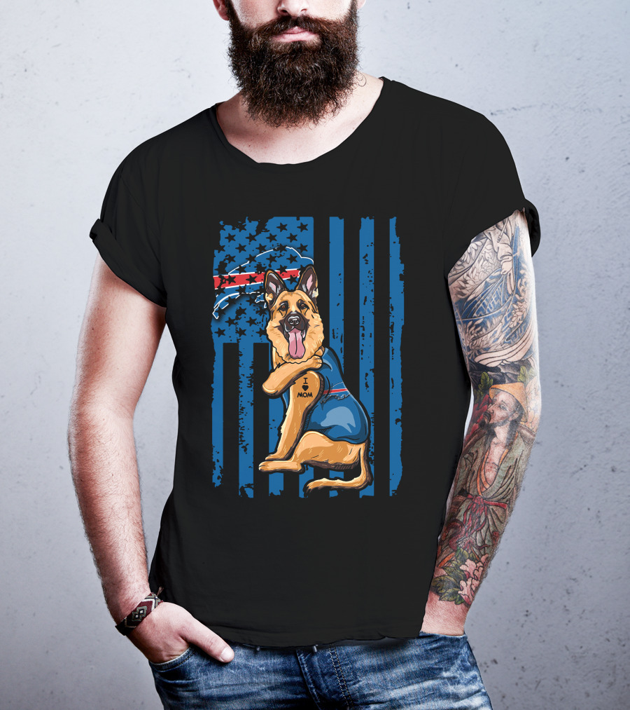 German Shepherd I Love Mom Buffalo Bills USA Flag T-Shirt