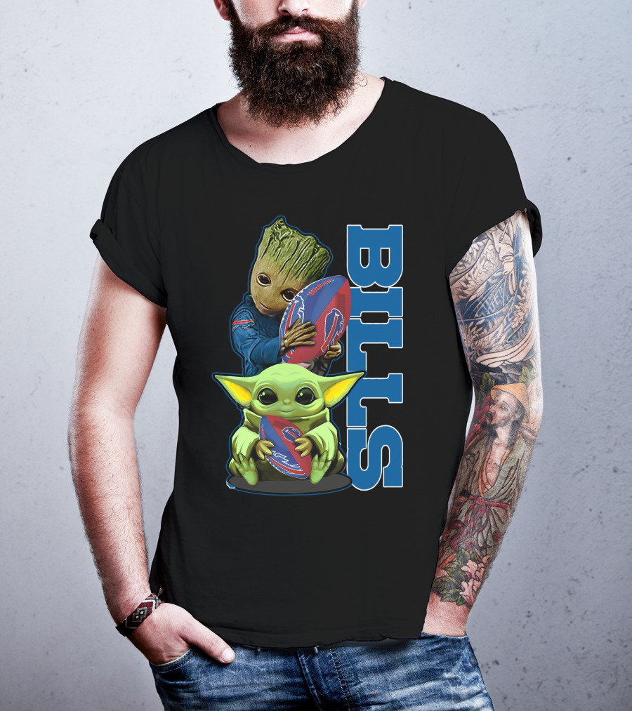 Grzd Buffalo Bills Baby Groot And Baby Yoda Football T-Shirt
