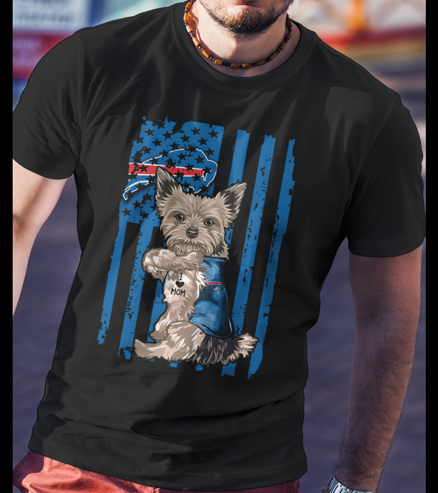 Yorkshire Terrier With I Love Mom Vest And Buffalo Bills Logo On American Flag Background T-Shirt