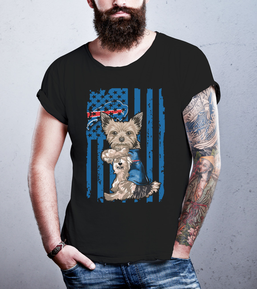 Yorkshire Terrier With I Love Mom Vest And Buffalo Bills Logo On American Flag Background T-Shirt