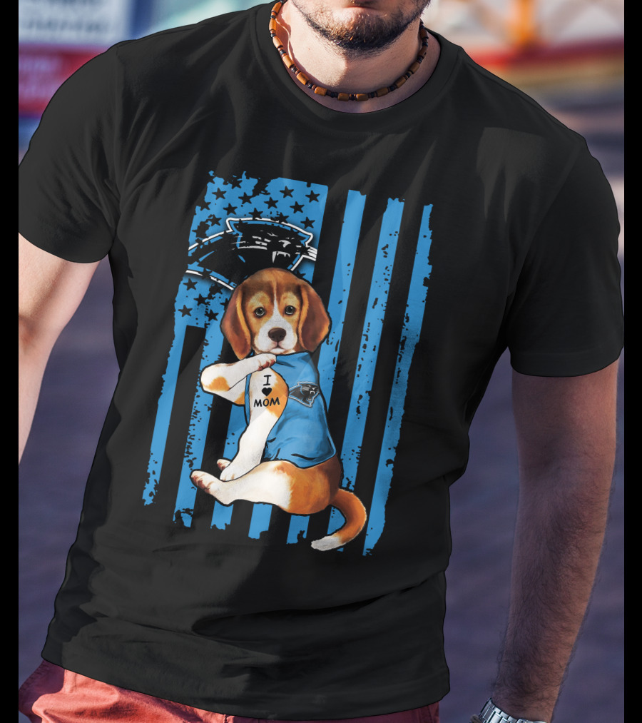 Beagle Carolina Panthers I Love Mom Tattoo American Flag T-Shirt