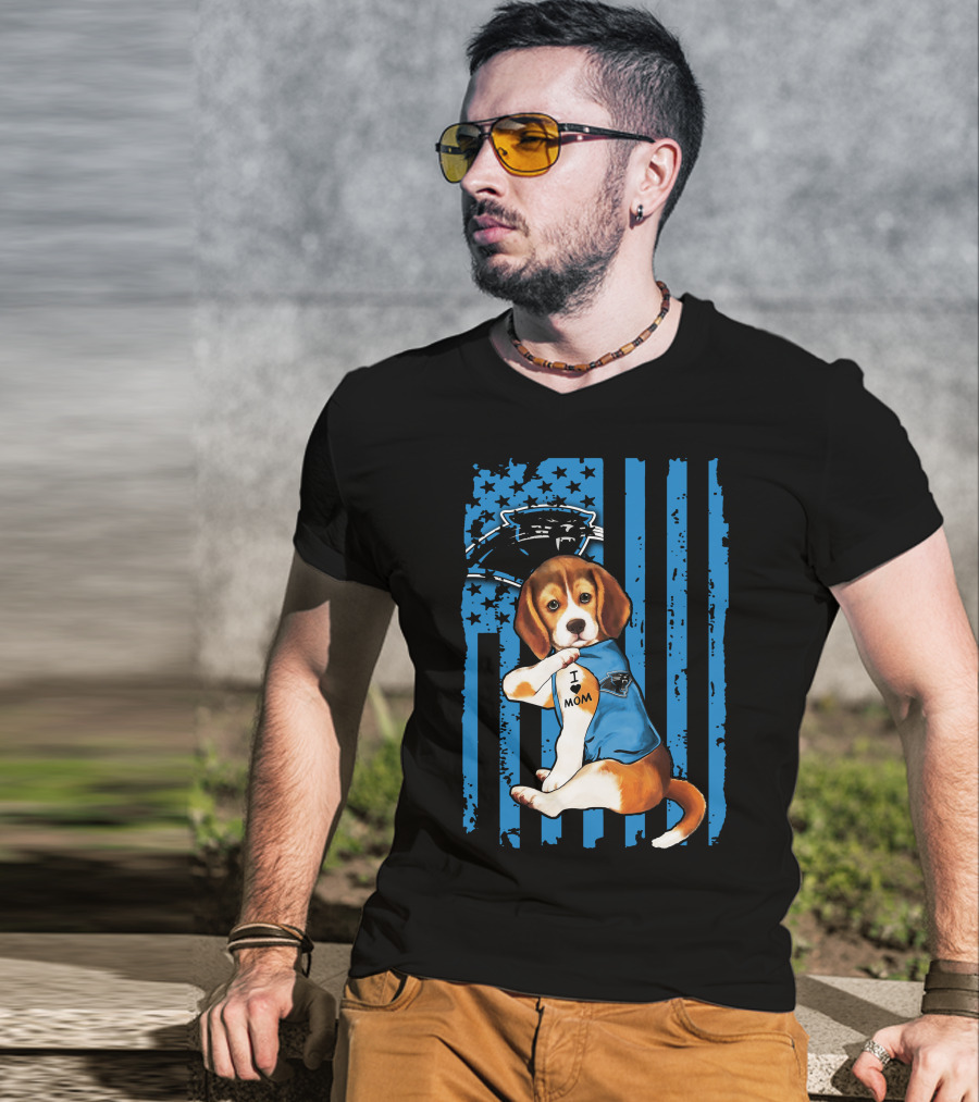 Beagle Carolina Panthers I Love Mom Tattoo American Flag T-Shirt
