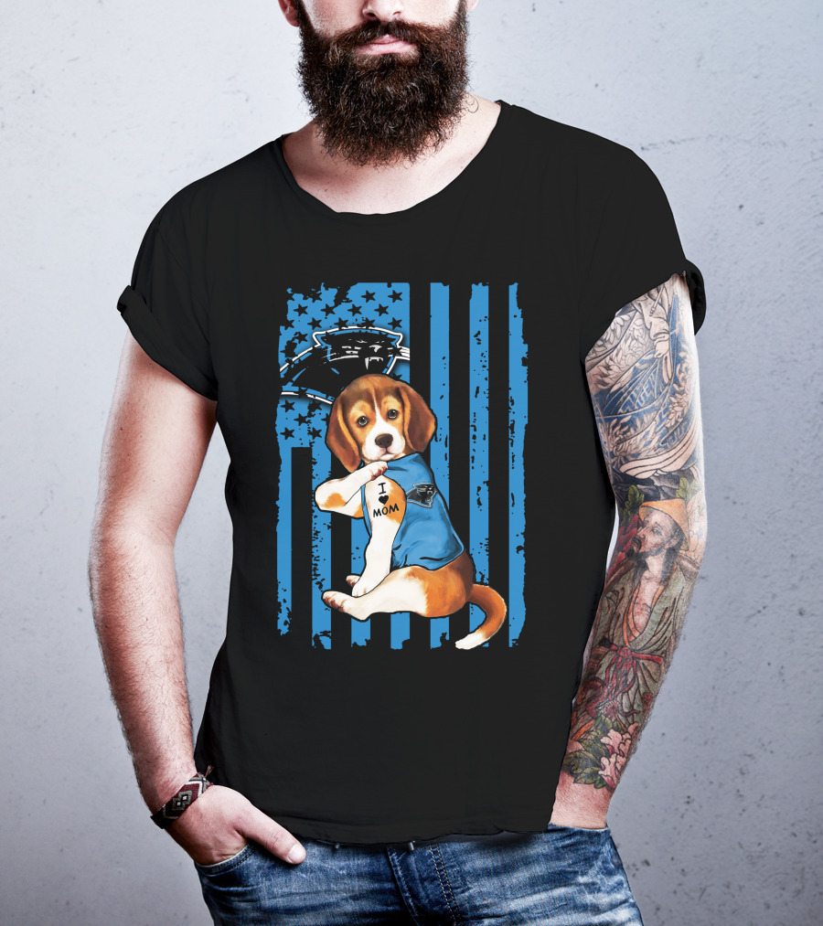 Beagle Carolina Panthers I Love Mom Tattoo American Flag T-Shirt