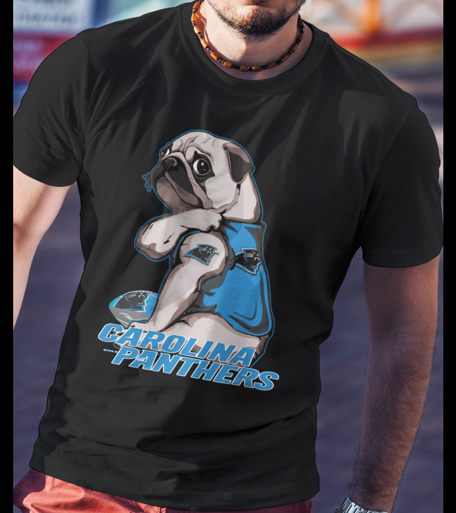 Pug Wearing Carolina Panthers Jersey With Football And Team T-Shirt