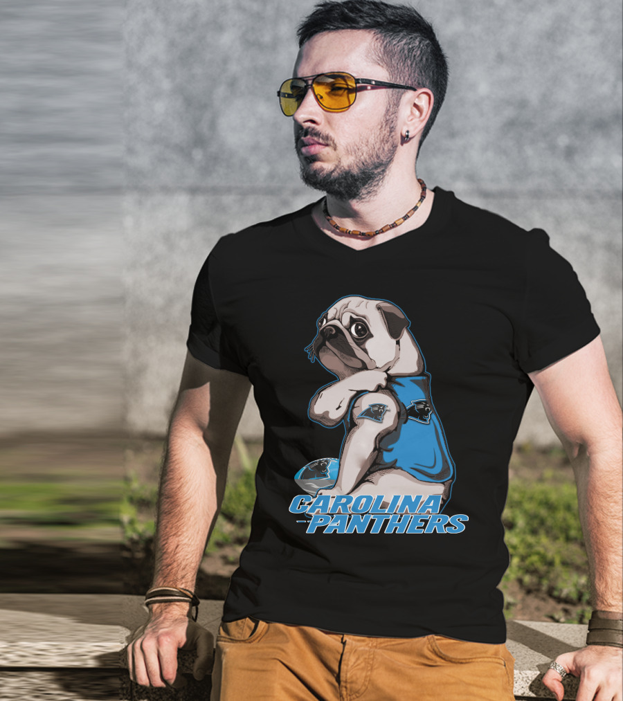 Pug Wearing Carolina Panthers Jersey With Football And Team T-Shirt