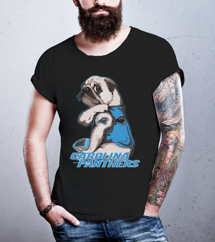 Pug Wearing Carolina Panthers Jersey With Football And Team T-Shirt