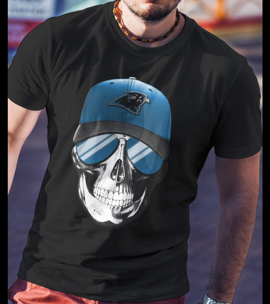 Skull With Blue Hat Featuring Carolina Panthers Logo And Reflective Sunglasses T-Shirt