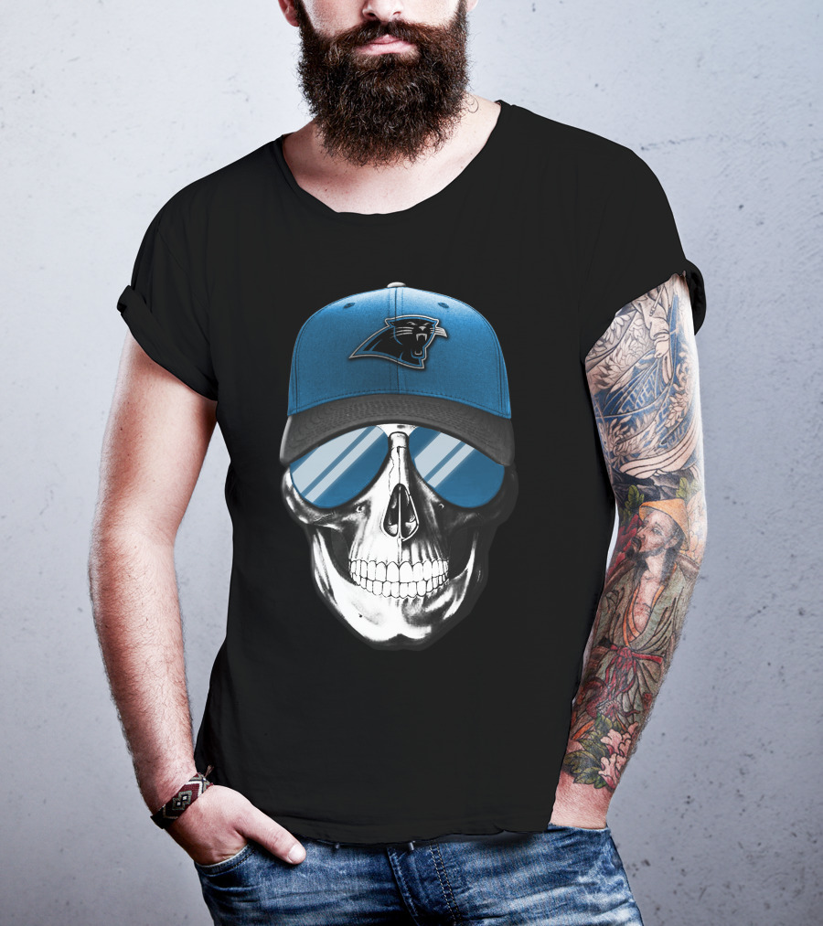 Skull With Blue Hat Featuring Carolina Panthers Logo And Reflective Sunglasses T-Shirt