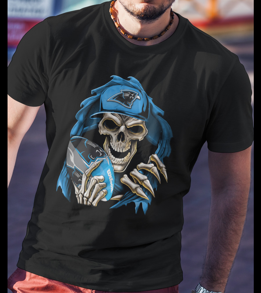 Skullbong Carolina Panthers Football Skeleton With Cap And Ball T-Shirt