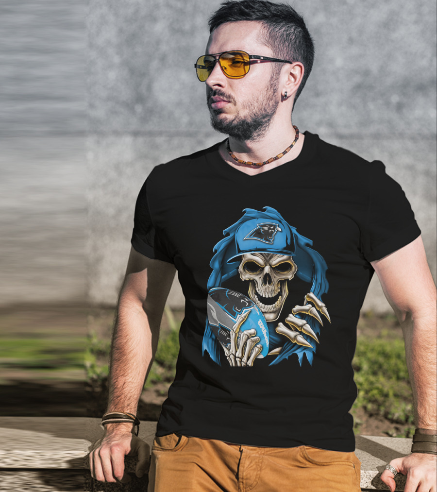 Skullbong Carolina Panthers Football Skeleton With Cap And Ball T-Shirt