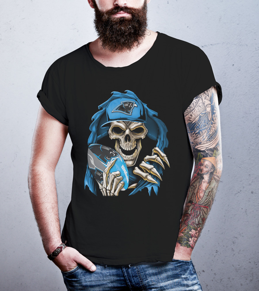 Skullbong Carolina Panthers Football Skeleton With Cap And Ball T-Shirt