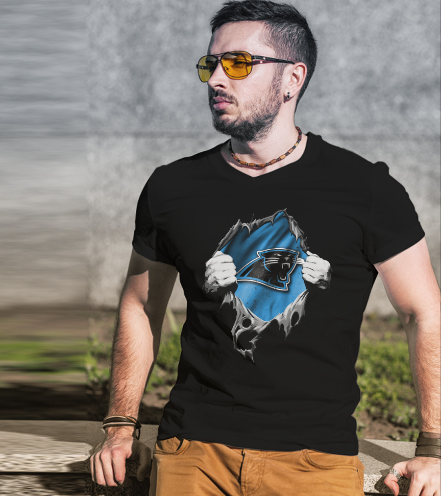 Torn Carolina Panthers Ripped Design With Dynamic Logo Display T-Shirt