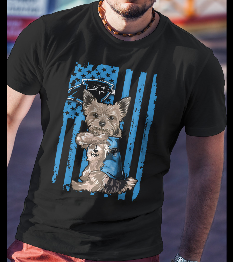 Yorkshire Terrier I Love Mom With Carolina Panthers Flag T-Shirt