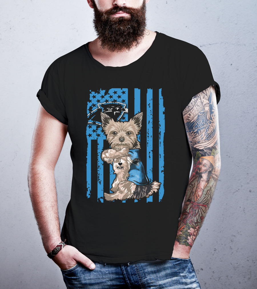 Yorkshire Terrier I Love Mom With Carolina Panthers Flag T-Shirt