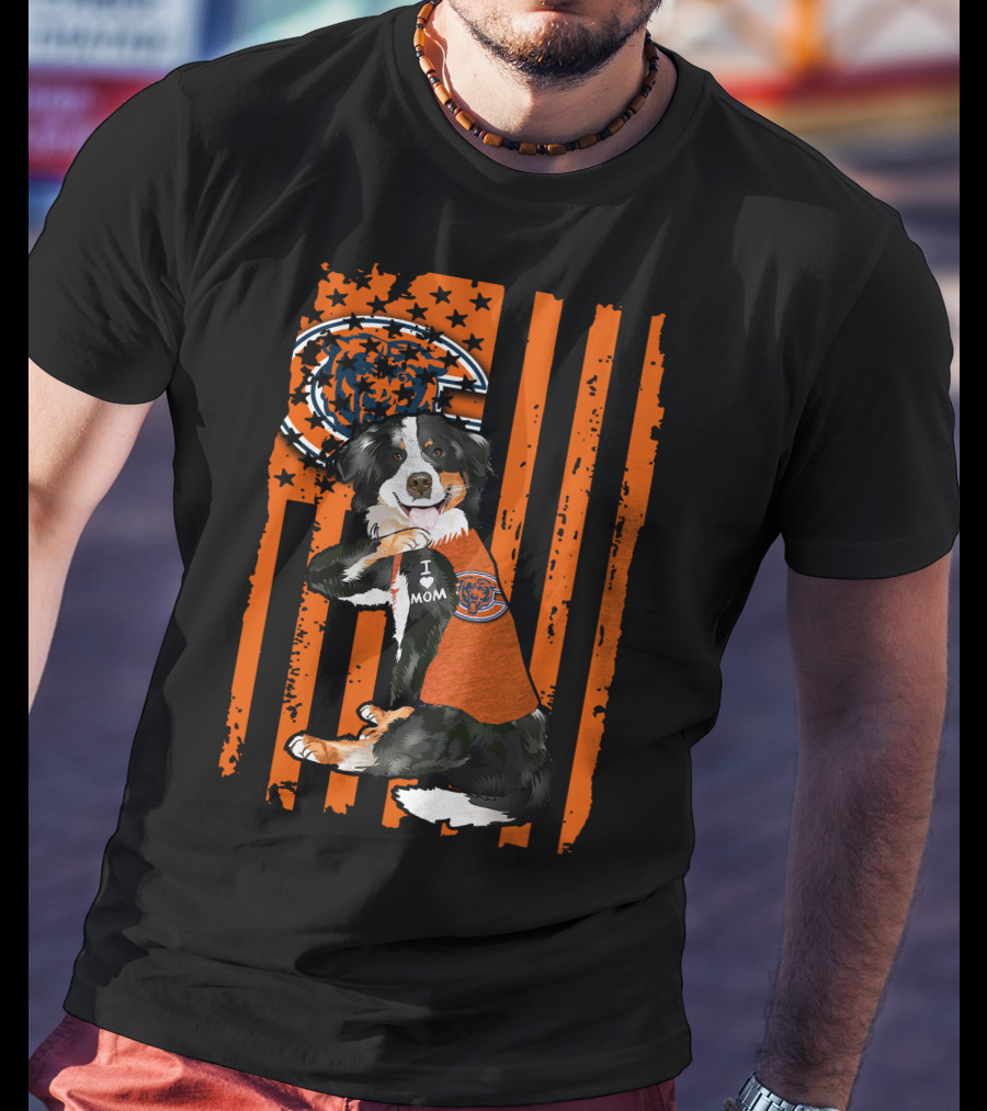 Border Collie I Love Mom Chicago Bears Orange Stripes T-Shirt