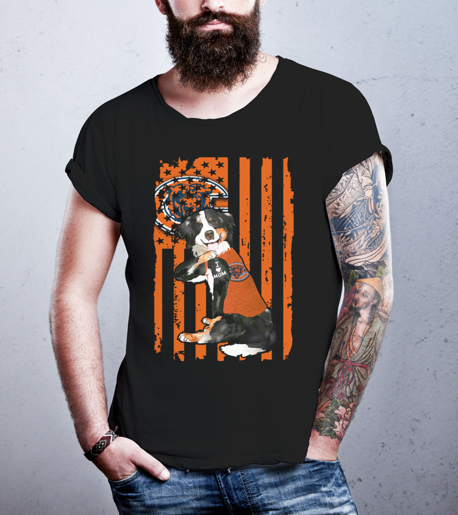 Border Collie I Love Mom Chicago Bears Orange Stripes T-Shirt