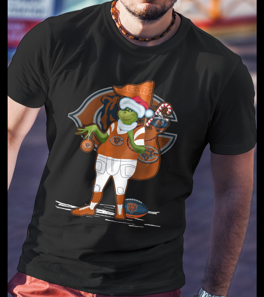 Grinchxmas Chicago Bears Santa Hat Candy Cane Football Sack T-Shirt