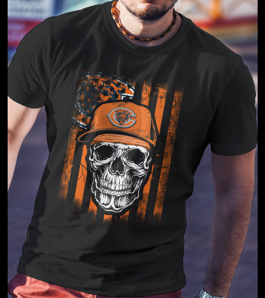 Skull Wearing Chicago Bears Cap With Orange Stripes And Logo Background T-Shirt