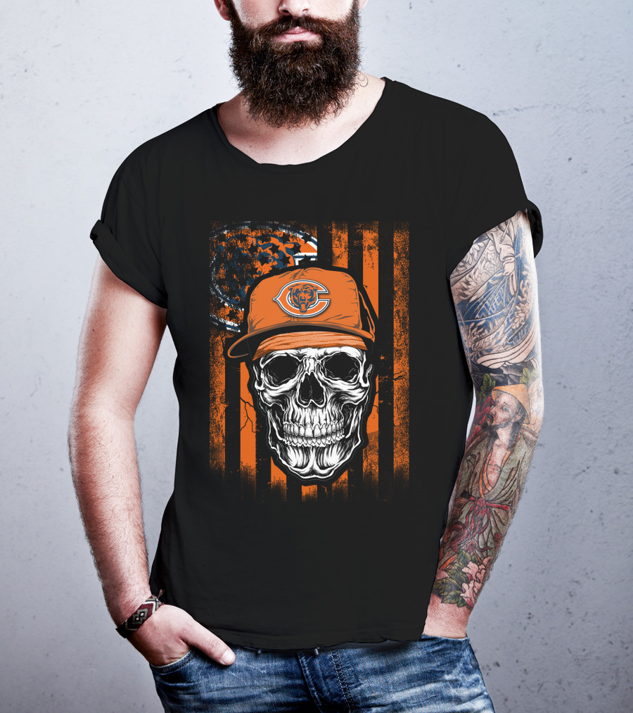 Skull Wearing Chicago Bears Cap With Orange Stripes And Logo Background T-Shirt