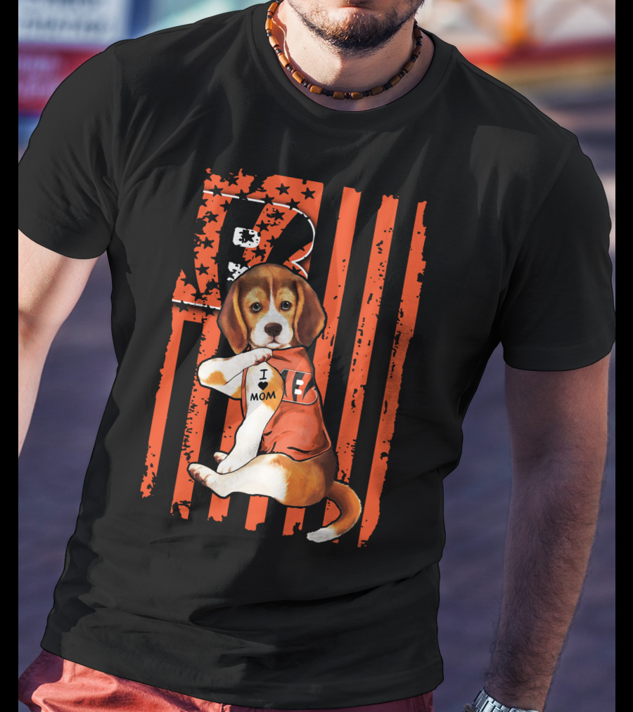Beagle I Love Mom Cincinnati Bengals Stripes And Stars T-Shirt