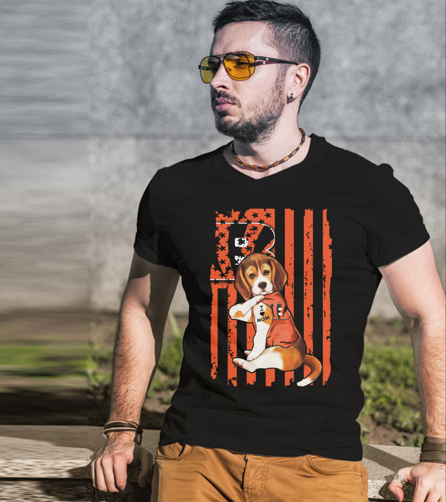 Beagle I Love Mom Cincinnati Bengals Stripes And Stars T-Shirt