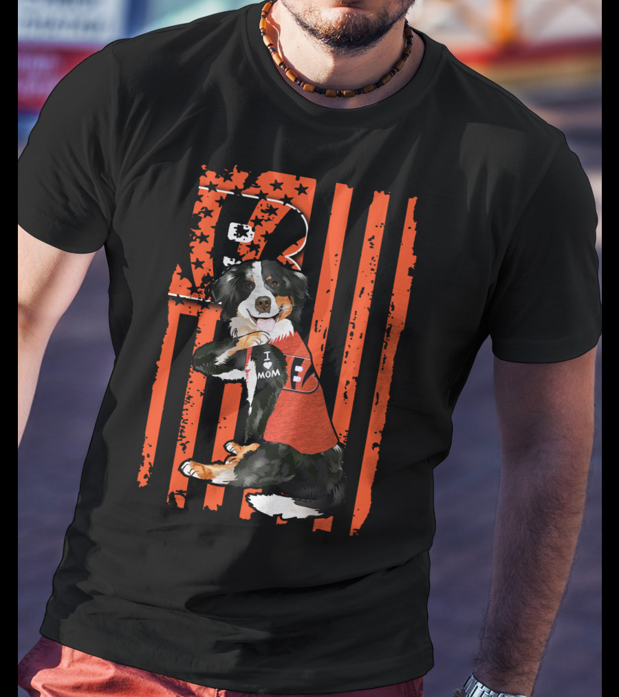 Border Collie I Love Mom Cincinnati Bengals Stripes T-Shirt