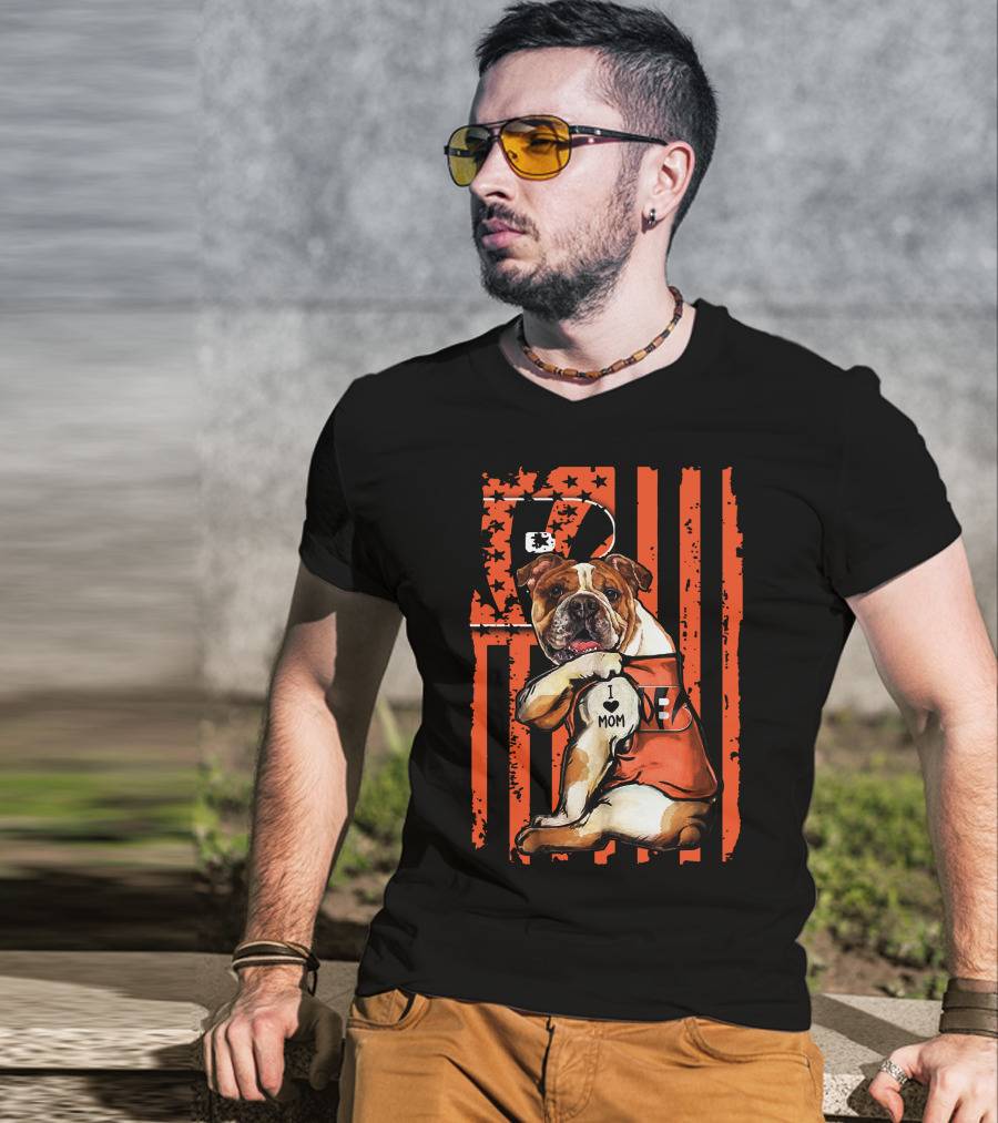 Bulldog Cincinnati Bengals I Love Mom Stripes T-Shirt