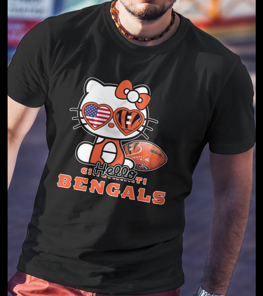 Hello Kitty Cincinnati Bengals Football Heart Glasses USA Flag T-Shirt