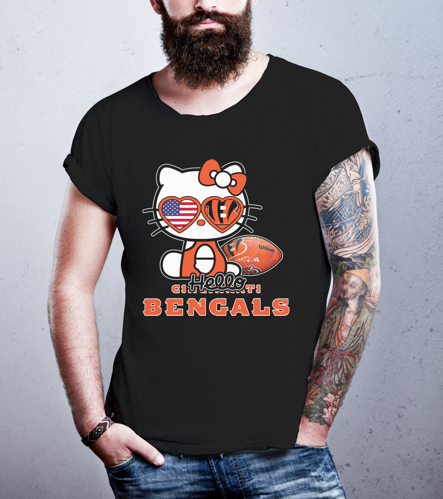 Hello Kitty Cincinnati Bengals Football Heart Glasses USA Flag T-Shirt