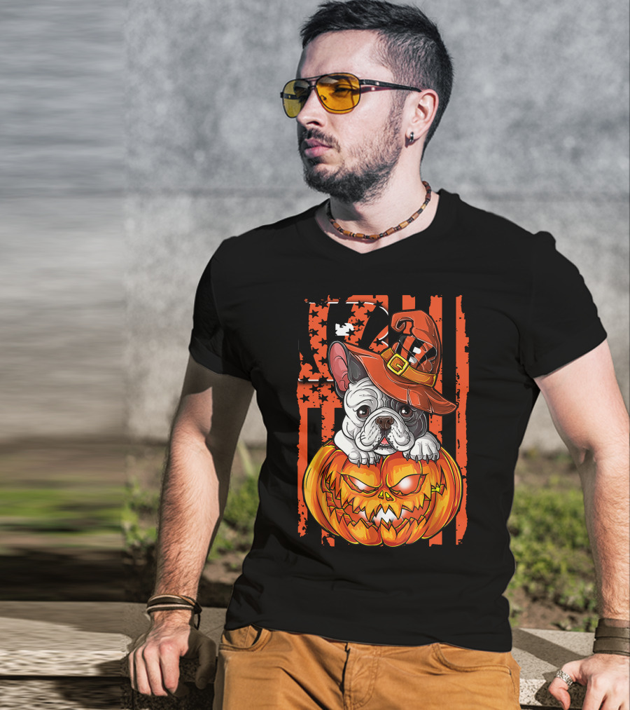 Hlw Bulldog Cincinnati Bengals Halloween Pumpkin Hat Black Orange Stars Stripes T-Shirt