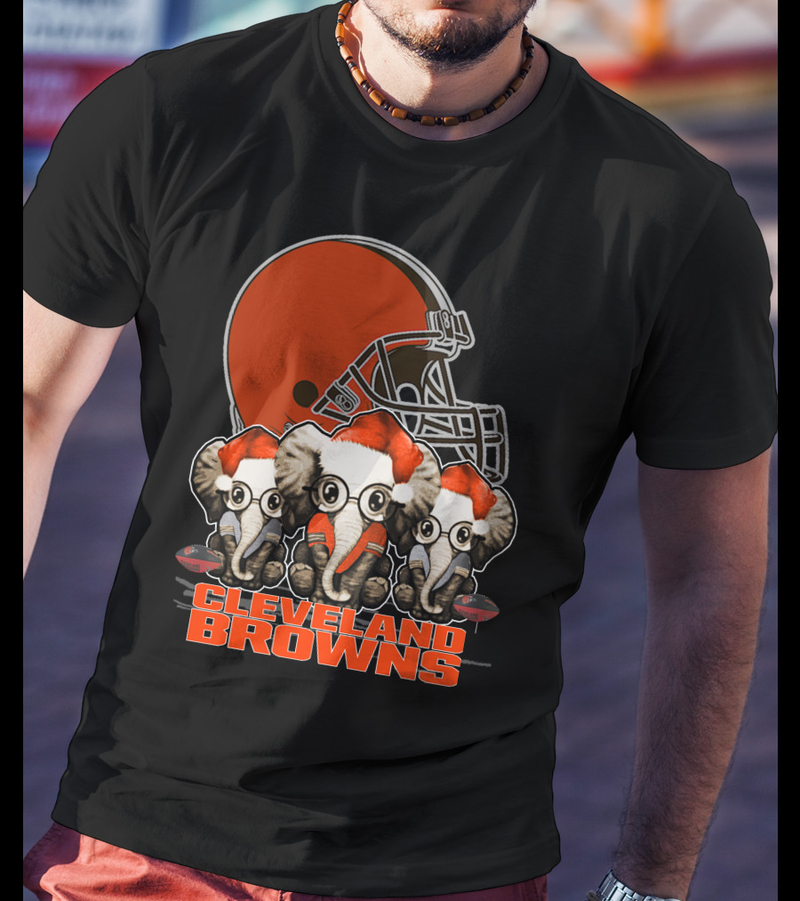 Cleveland Browns Christmas Elephants In Santa Hats Football Helmet T-Shirt