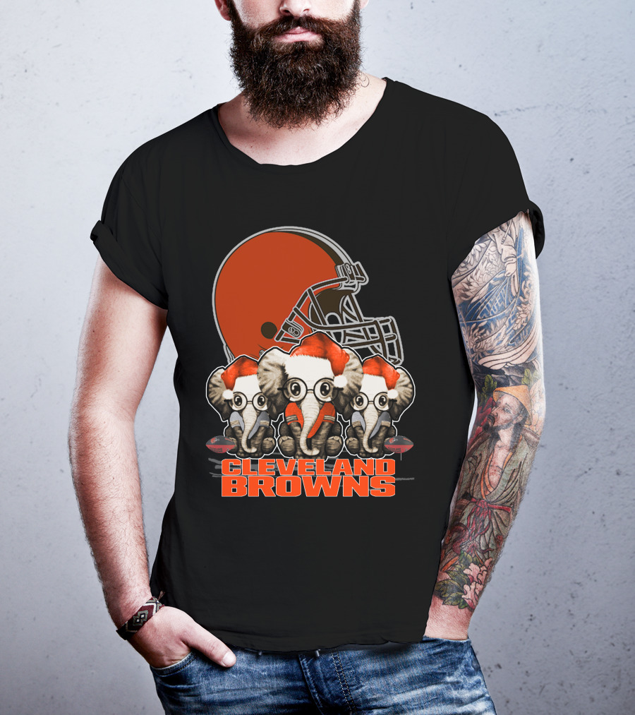 Cleveland Browns Christmas Elephants In Santa Hats Football Helmet T-Shirt