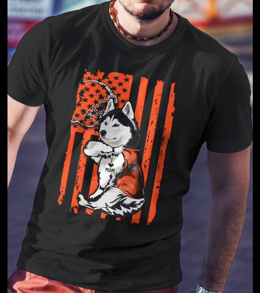 Siberian Husky With Football Helmet And Orange Flag Cleveland Browns T-Shirt