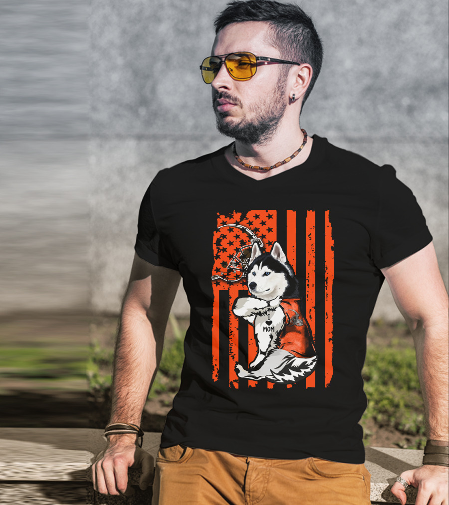 Siberian Husky With Football Helmet And Orange Flag Cleveland Browns T-Shirt