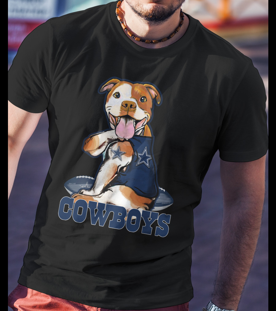 Pittbull Wearing Dallas Cowboys Jersey With Football And Star T-Shirt