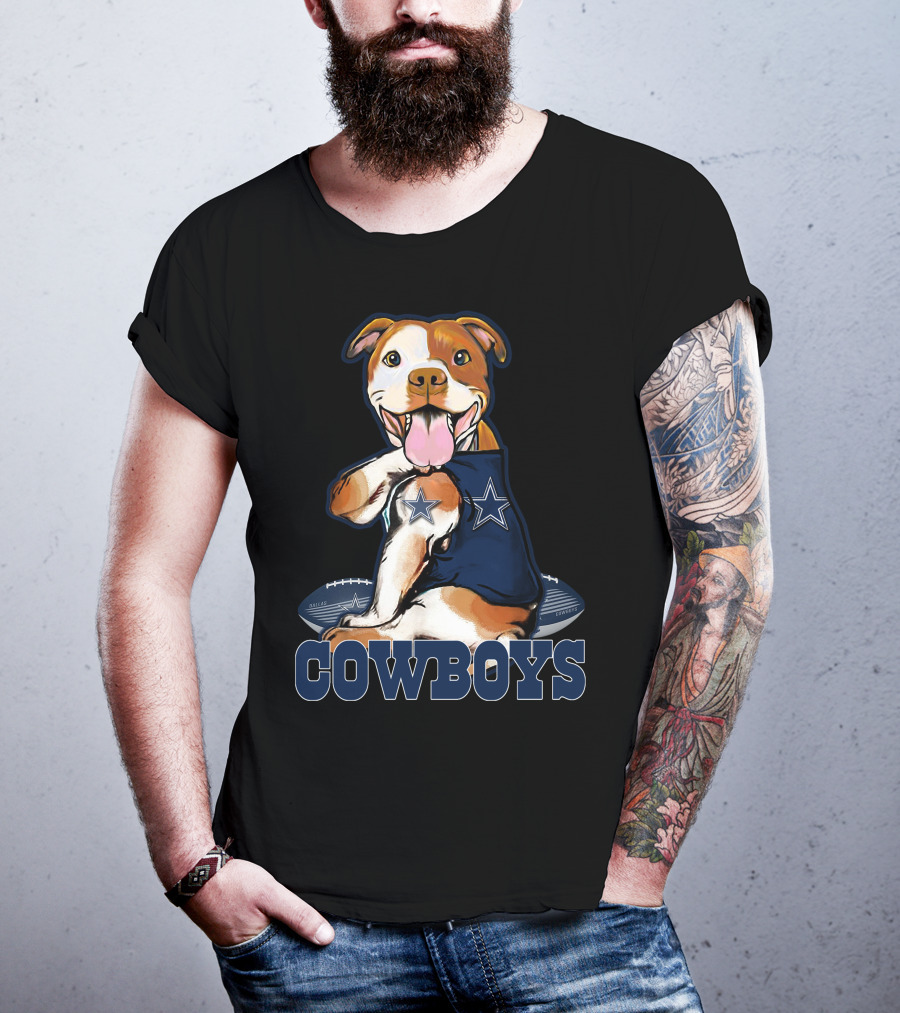 Pittbull Wearing Dallas Cowboys Jersey With Football And Star T-Shirt