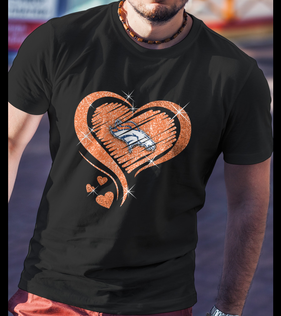 Heart Diamond Denver Broncos Sparkling Orange Emblem T-Shirt