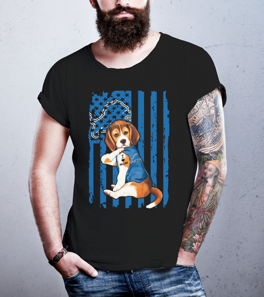 Beagle Detroit Lions I Love Mom Blue Stripes T-Shirt