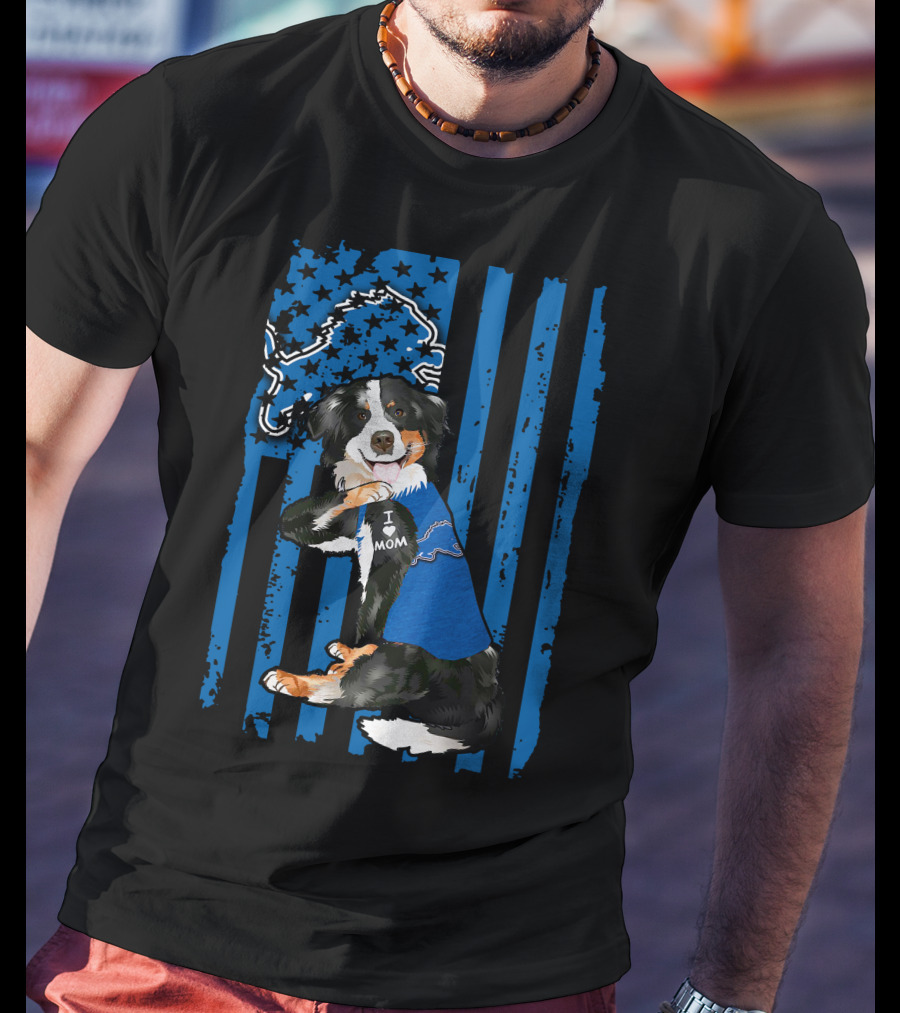 Border Collie I Love Mom Detroit Lions Flag T-Shirt