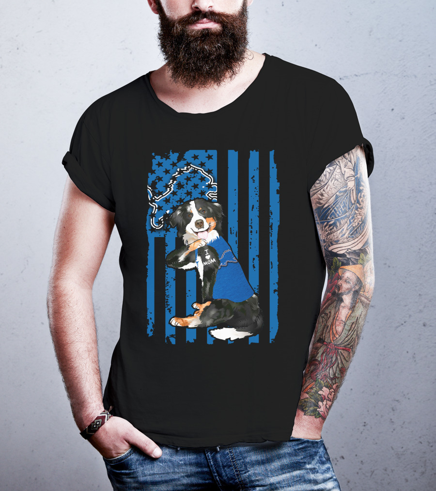 Border Collie I Love Mom Detroit Lions Flag T-Shirt