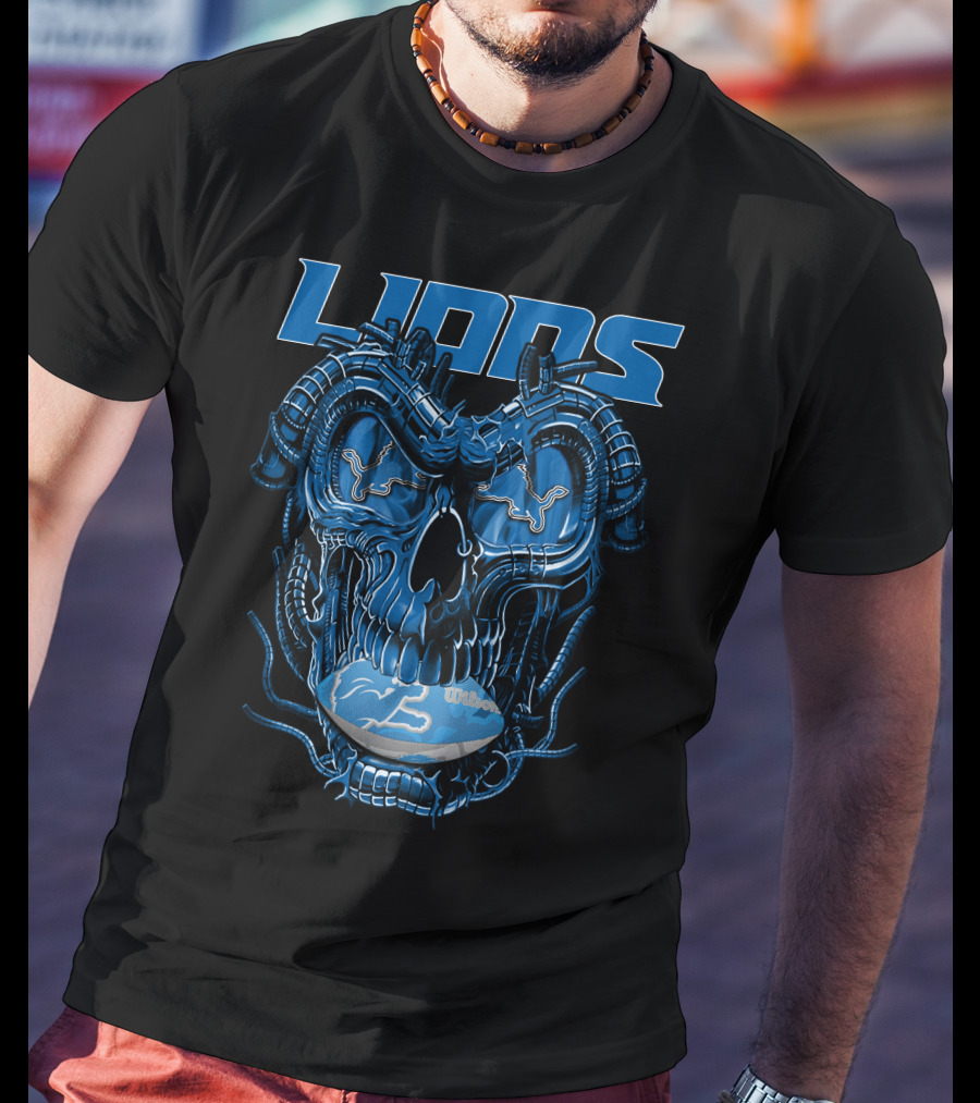 Dragonskull Lions With Detroit Football Helmet And Wilson Blue Embellishments T-Shirt