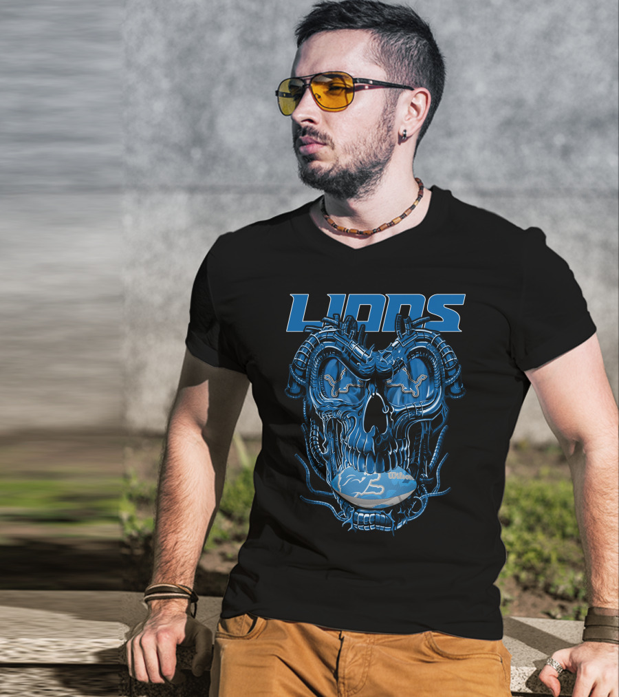 Dragonskull Lions With Detroit Football Helmet And Wilson Blue Embellishments T-Shirt