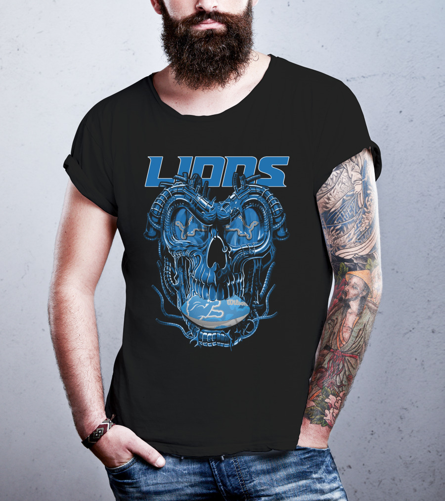 Dragonskull Lions With Detroit Football Helmet And Wilson Blue Embellishments T-Shirt