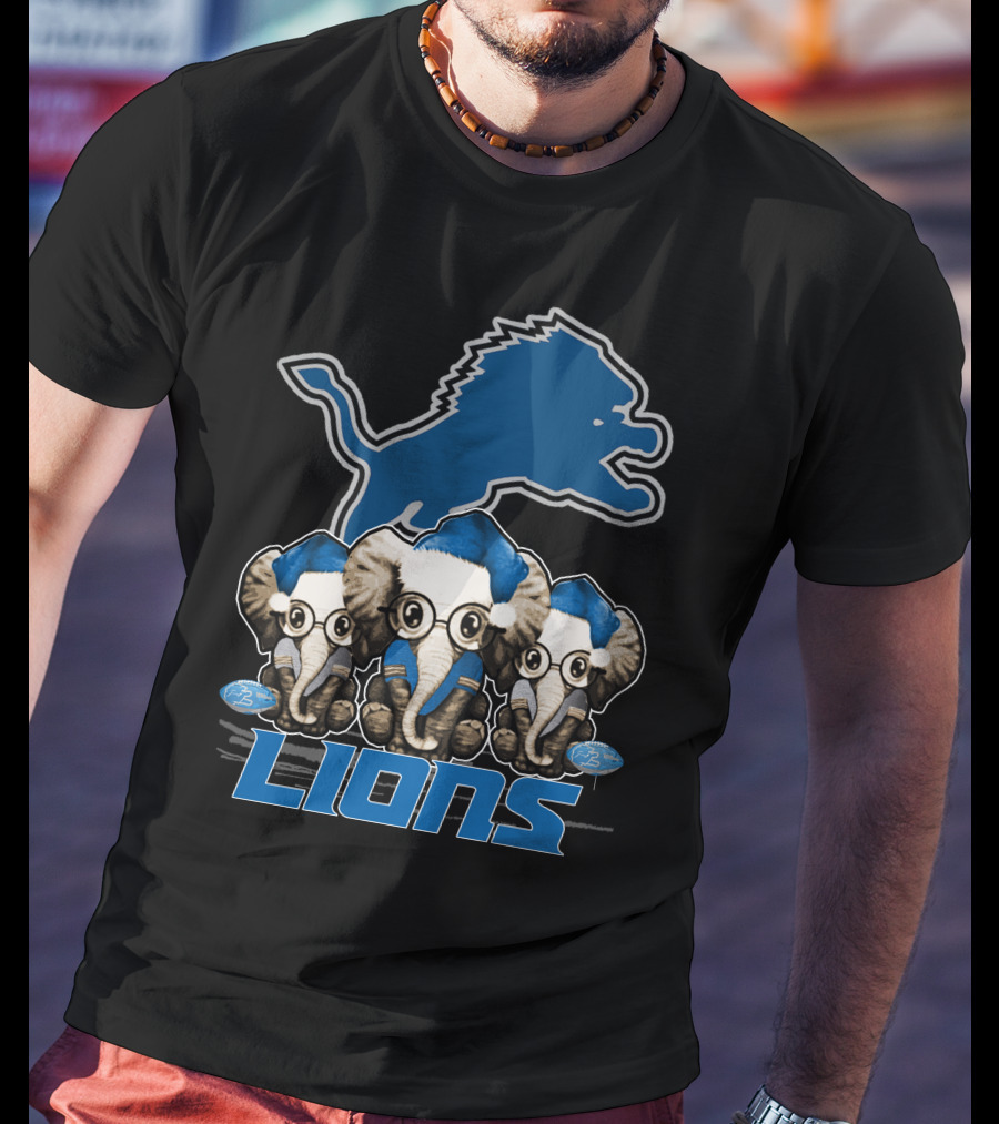 Detroit Lions Christmas Elephants With Santa Hats T-Shirt