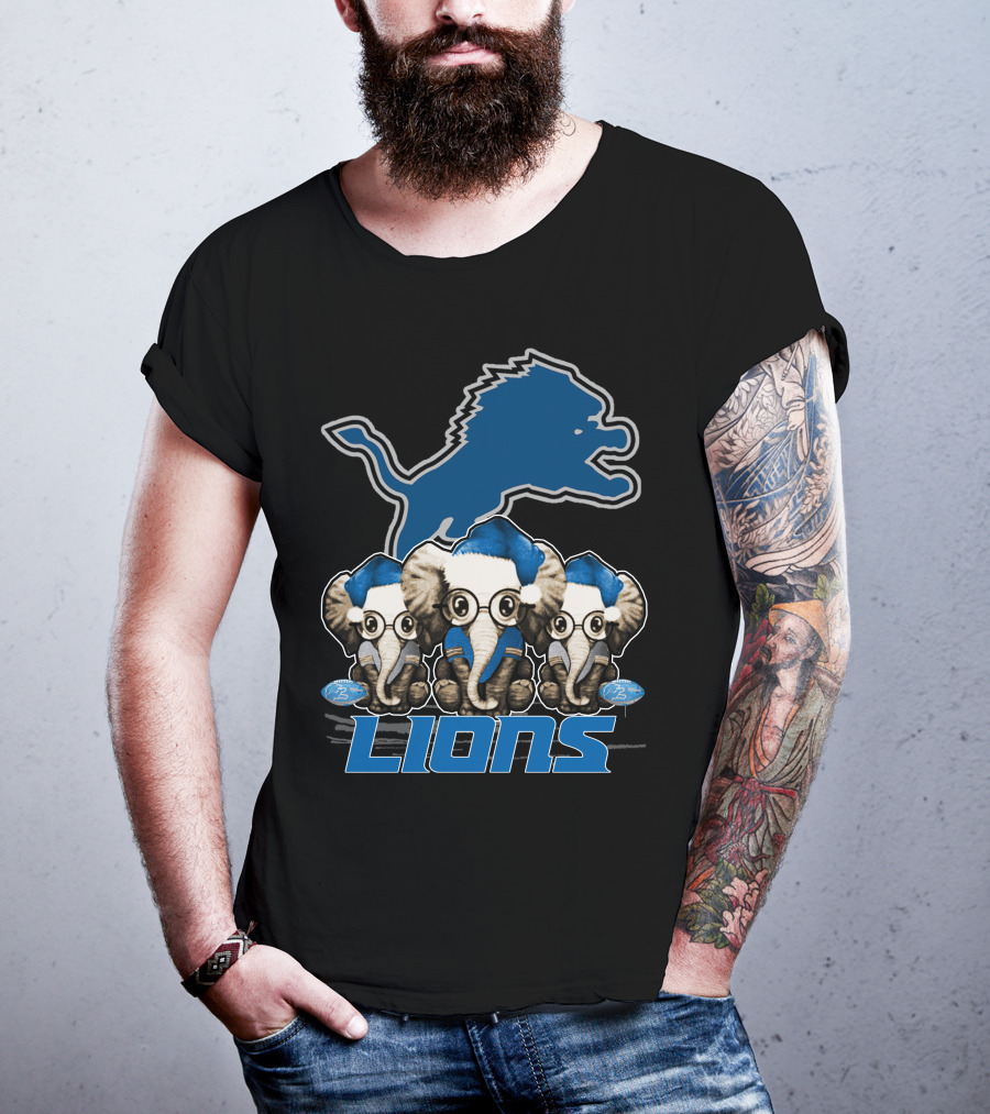 Detroit Lions Christmas Elephants With Santa Hats T-Shirt