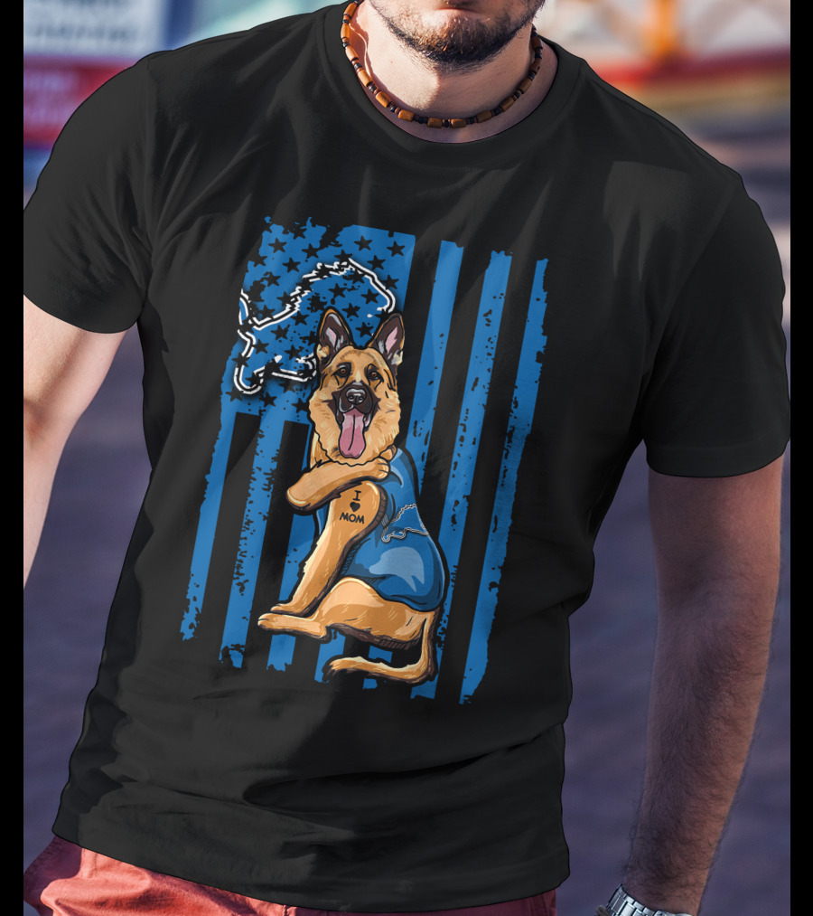 German Shepherd Wearing Detroit Lions Blue With Flag And Lion T-Shirt